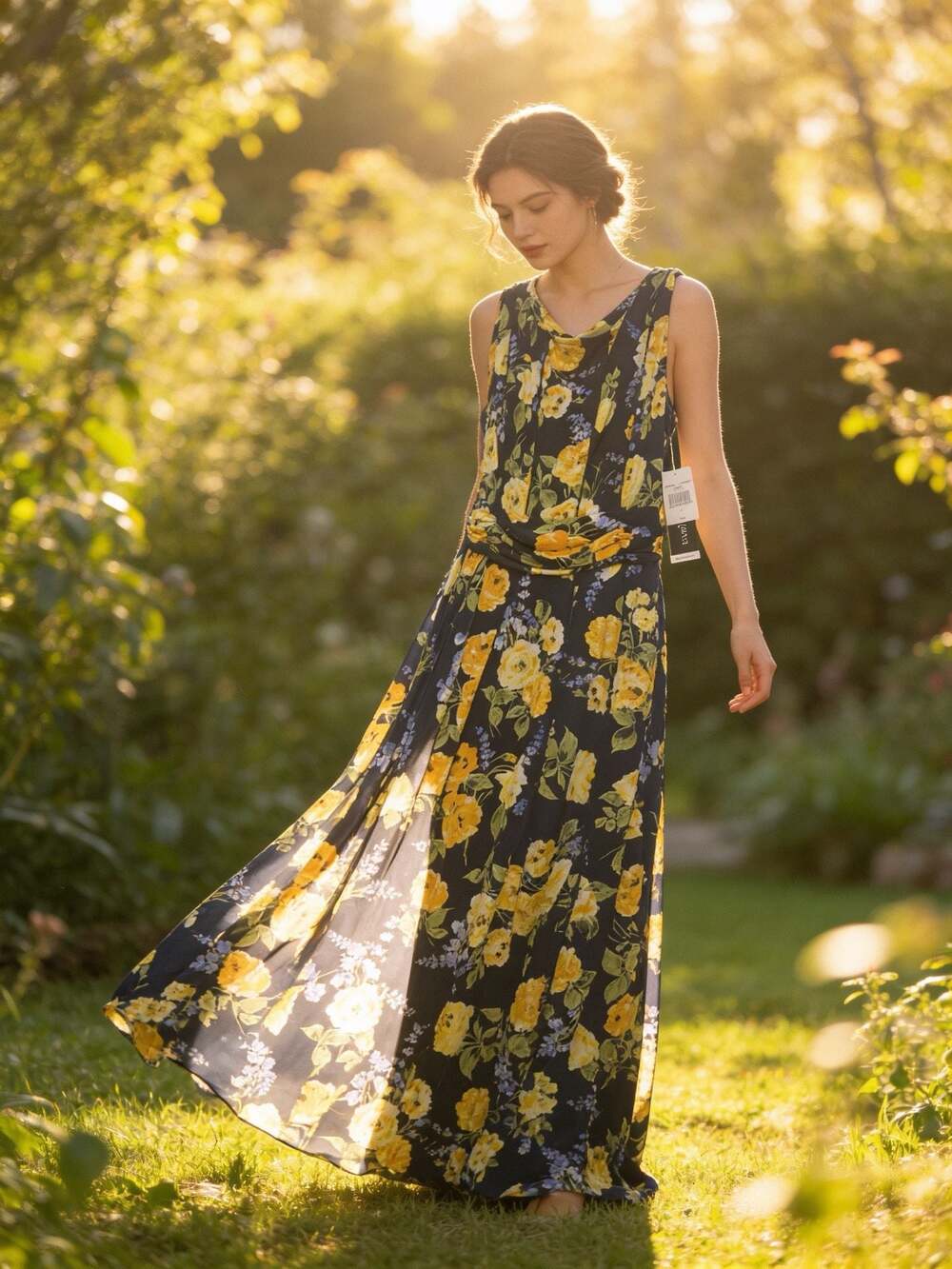 Perceptions New York Women's Sleeveless Floral Maxi Dress Navy Yellow Size L